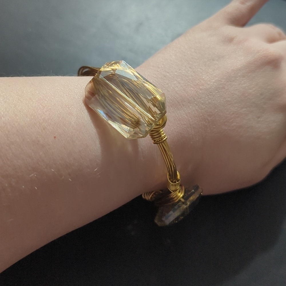 Gold Tone Clear Crystal Chunky Wire Wrapped Bangle Statement Bracelet